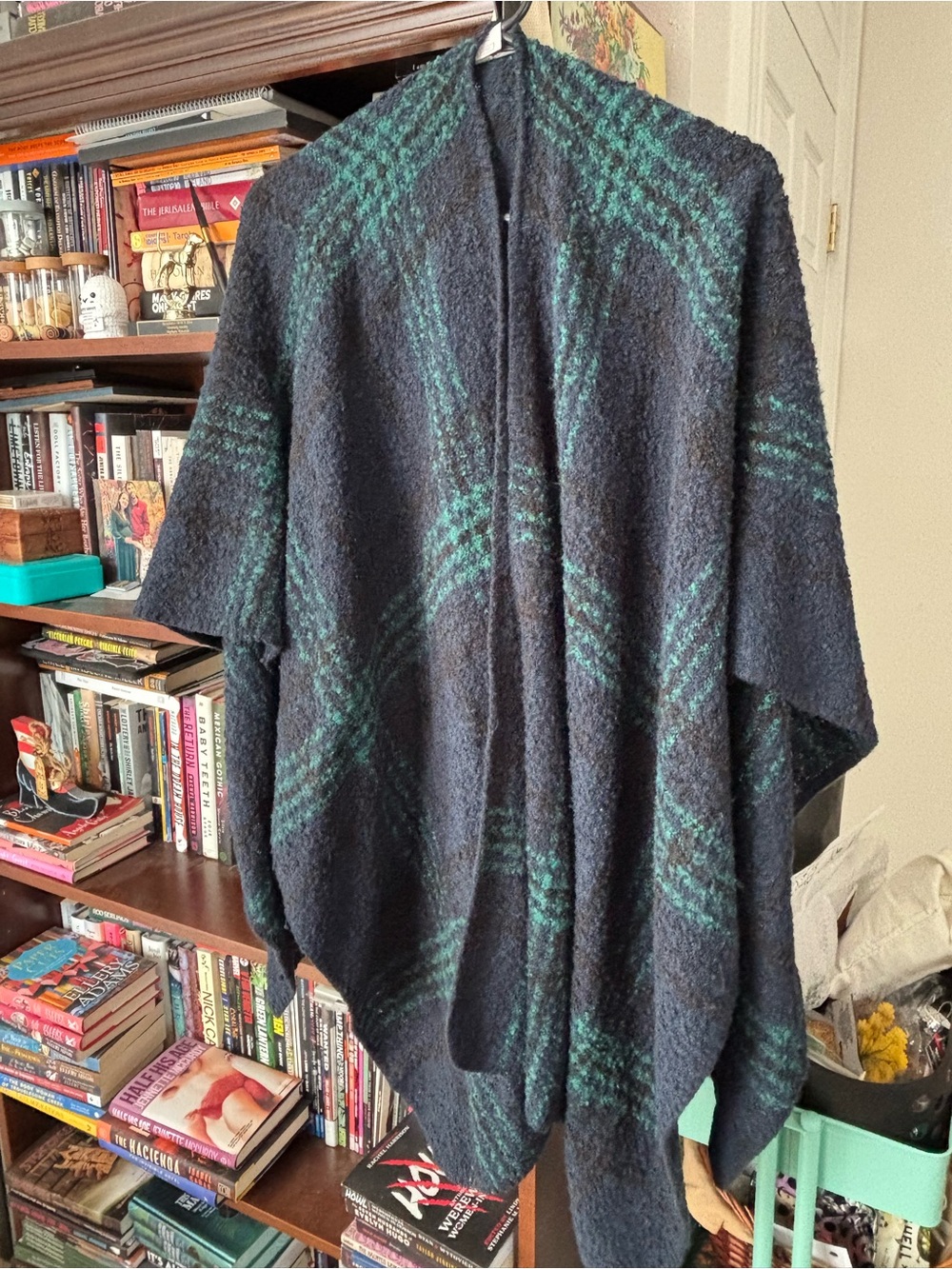 Navy and Teal Plaid Open-Front Sweater
